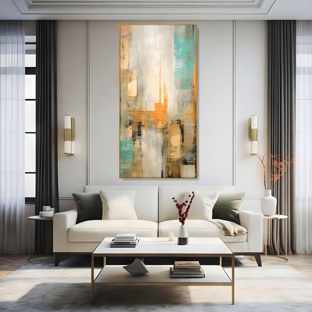 Tablou canvas cu pictura abstracta cu peisaj urban, in rama de aluminiu auriu, pe perete intr-un living